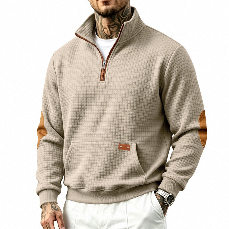 Męska Stójka krótki zamek bluza z checkered relief tekstura i imitacja skóry elbow patches