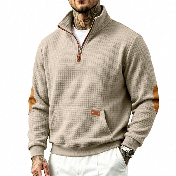 Męska Stójka krótki zamek bluza z checkered relief tekstura i imitacja skóry elbow patches
