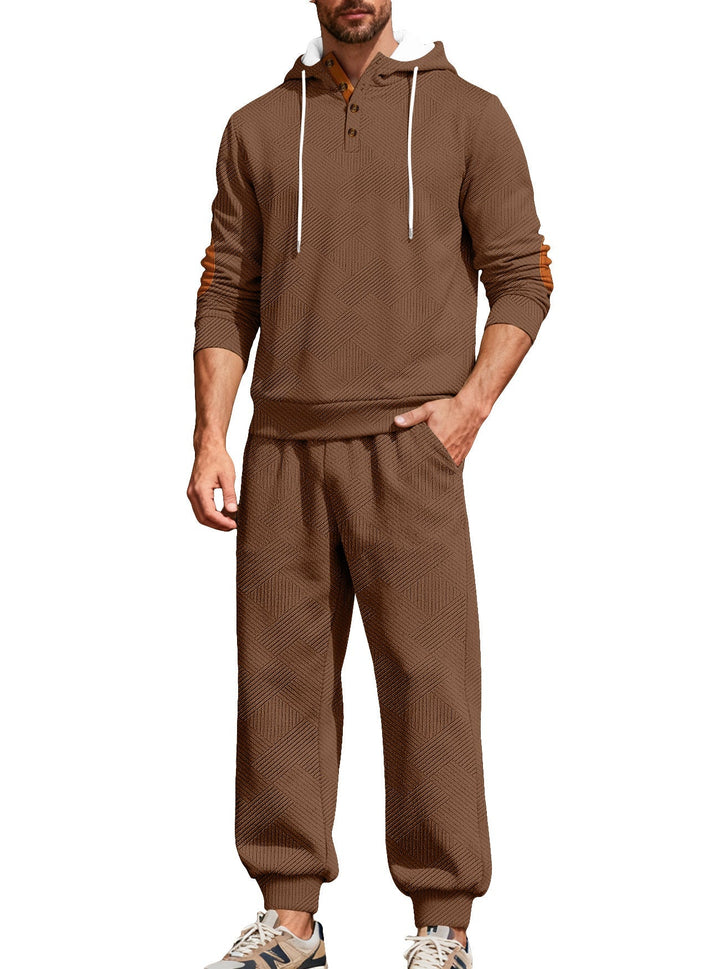 Męska textured bluza z kapturem jogging set z Henley Listwa guzikowa i kontrastowy elbow patches