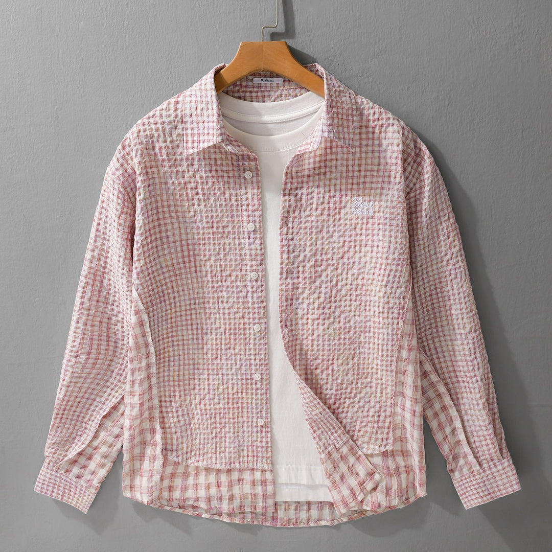Damska Relaxed-krój Crinkle koszulowa kurtka z fine Gingham weaving structure i subtle chest embroidery Lumaza