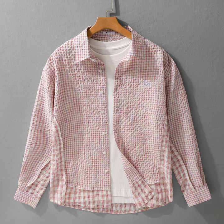 Damska Relaxed-krój Crinkle koszulowa kurtka z fine Gingham weaving structure i subtle chest embroidery Lumaza