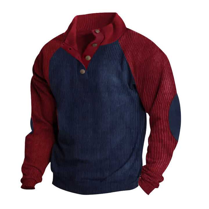 Męska termiczny cord pulower z Listwa guzikowa, stójka, raglanowy Rękawy, i elbow patches