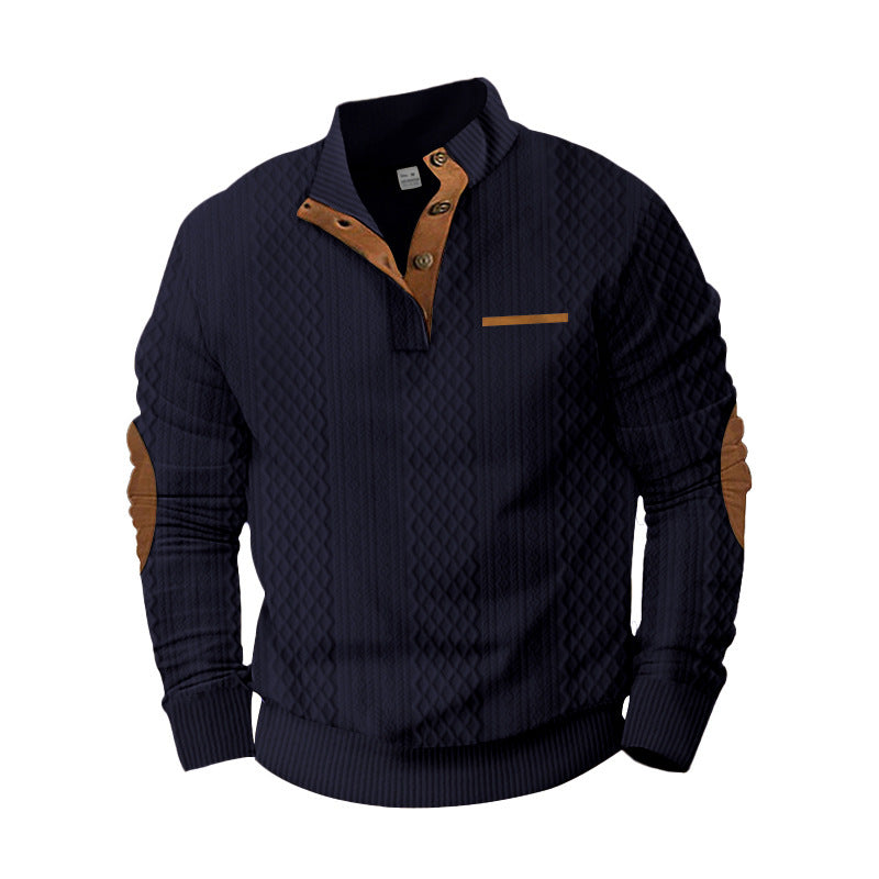 Męska Strukturalny Cable Dzianina Bluza z Half Listwa guzikowa, Imitacja skóry Patch Kieszeń &amp; Elbow Patches