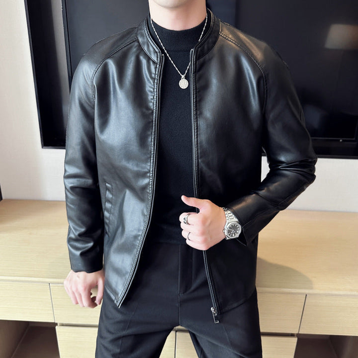Męska Slim imitacja skóra Blouson z stójką i ukryty zamkiem