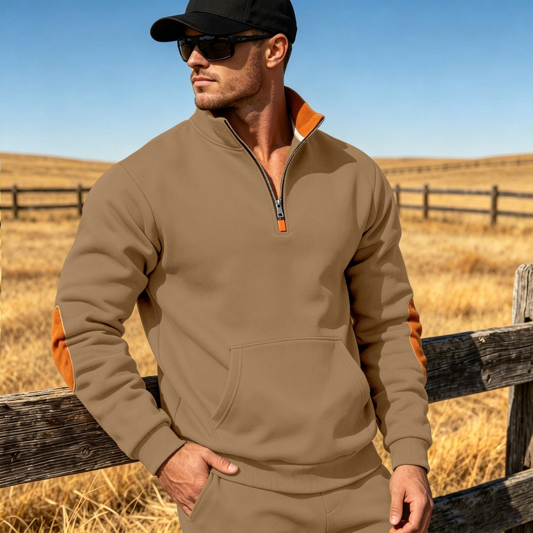 Męska Athletic Krótki zamek Bluza z Elbow Patches i Kieszeń kangurka