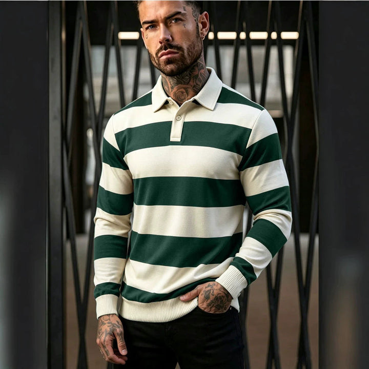 Męska striped rugby polo sweter z Listwa guzikowa i prążkowane mankiety