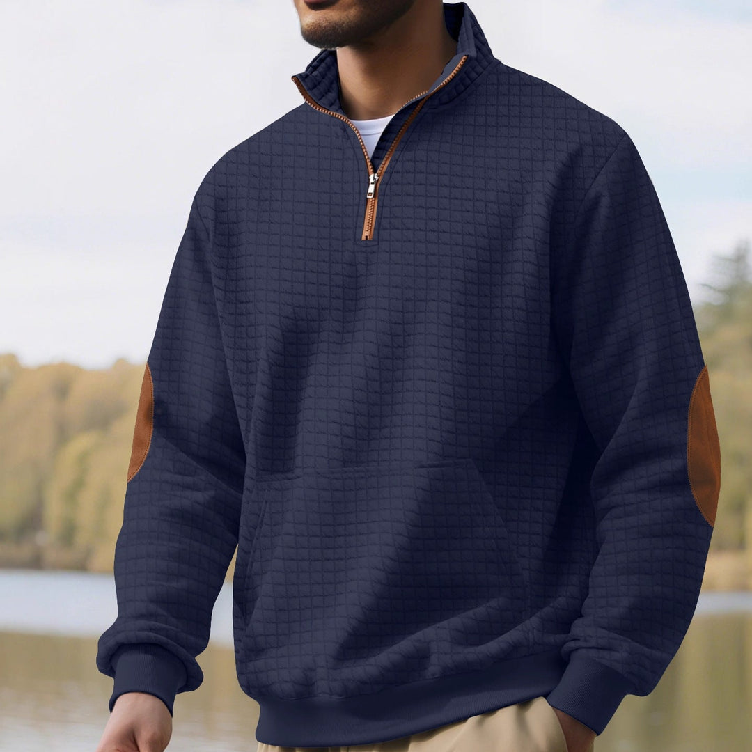 Męska waffle tekstura krótki zamek z Stójka, kieszeń kangurka, i zamsz wygląd elbow patches