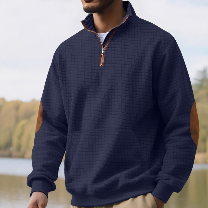 Męska waffle tekstura krótki zamek z Stójka, kieszeń kangurka, i zamsz wygląd elbow patches