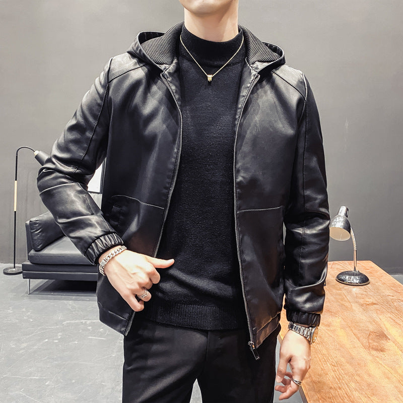 Męski Leatherette Hooded Blouson z Siatka Wewnętrzny Kaptur, Slim Silhouette i Full Zamek