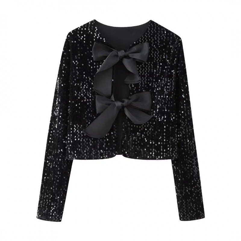 Damska Sequin Bolero kurtka z Decorative satynowa Bows Lumaza