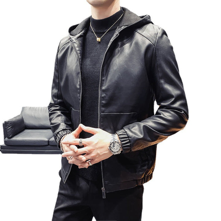Męski Leatherette Hooded Blouson z Siatka Wewnętrzny Kaptur, Slim Silhouette i Full Zamek