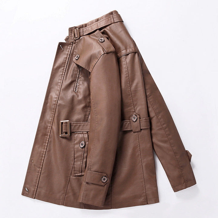 Męska Tailored skóra Trench płaszcz z Belt i dekoracyjne szwy