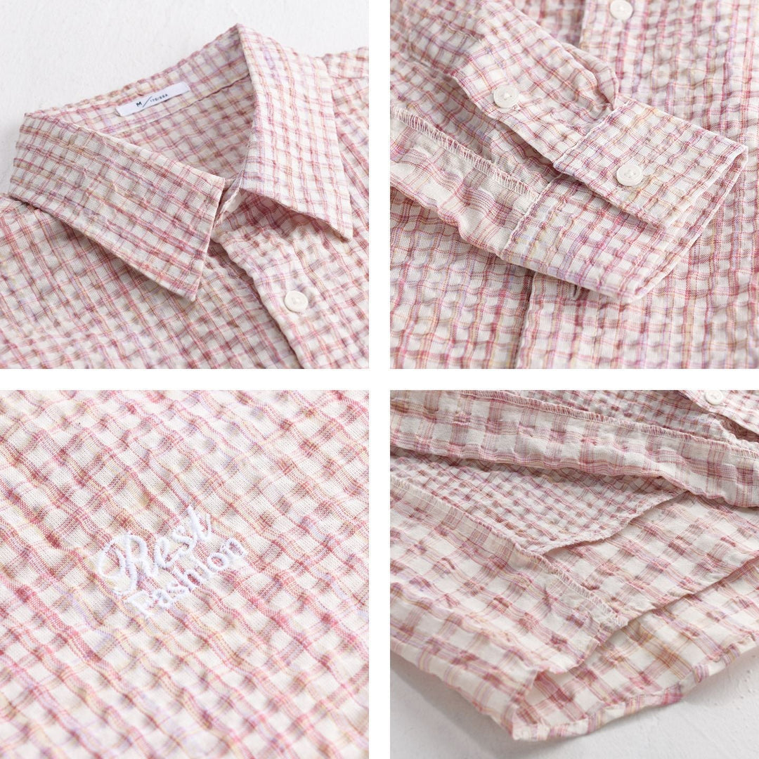 Damska Relaxed-krój Crinkle koszulowa kurtka z fine Gingham weaving structure i subtle chest embroidery Lumaza