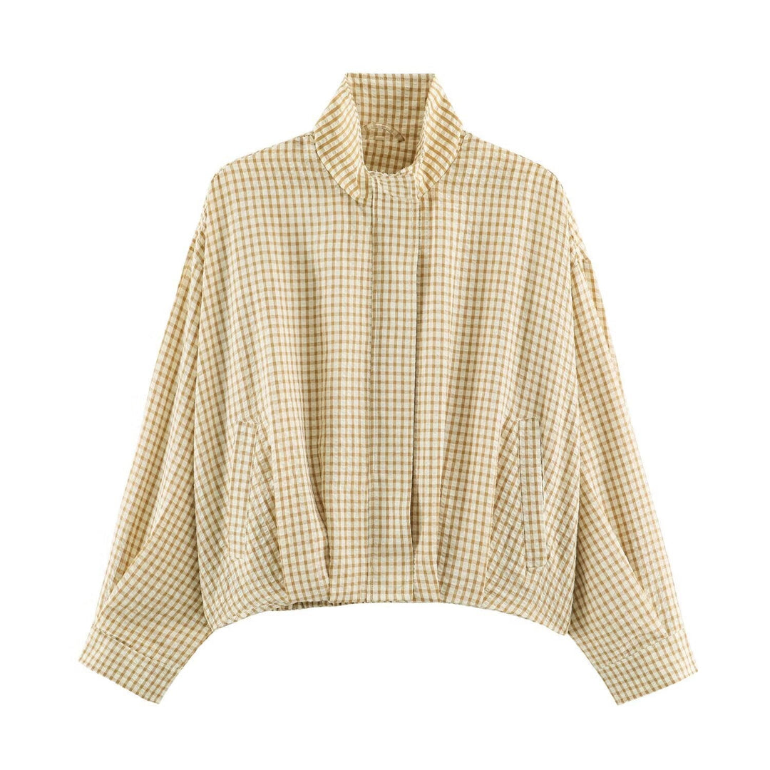 Damskie Oversize Checkered Bluzon Kurtka z Stójka