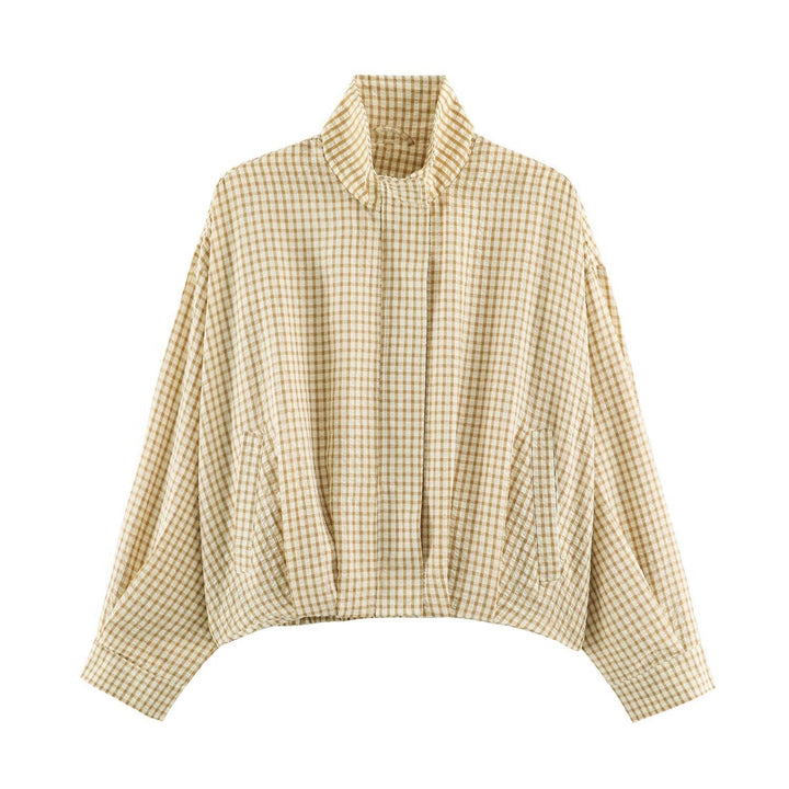 Damskie Oversize Checkered Bluzon Kurtka z Stójka