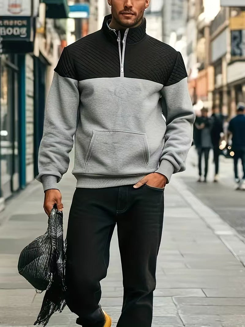 Męska Krótki zamek Bluza z Pikowana Shoulder Panel i Kieszeń kangurka