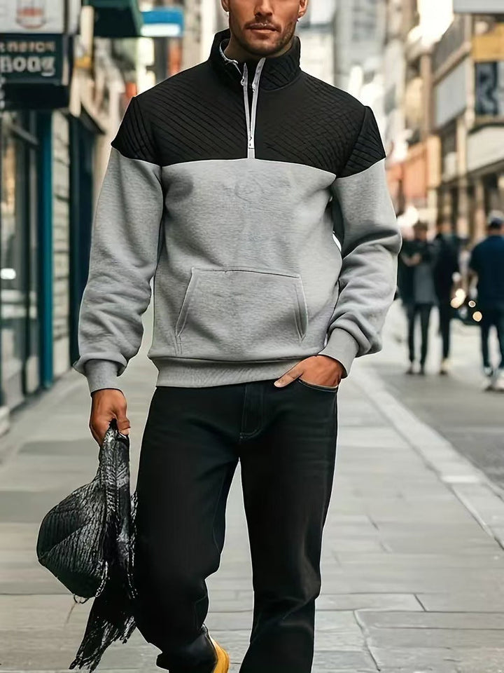 Męska Krótki zamek Bluza z Pikowana Shoulder Panel i Kieszeń kangurka