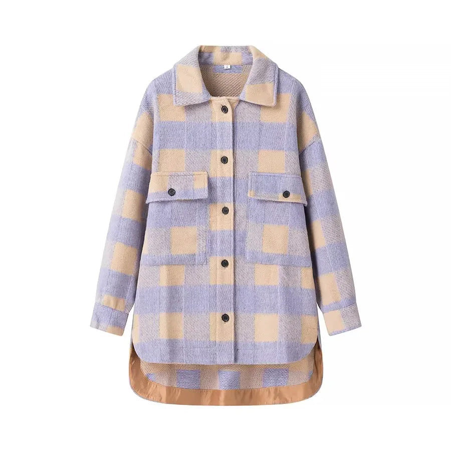 Damska oversize Checked Shacket z naszywane Chest kieszeniami i Rounded Hemline Lumaza