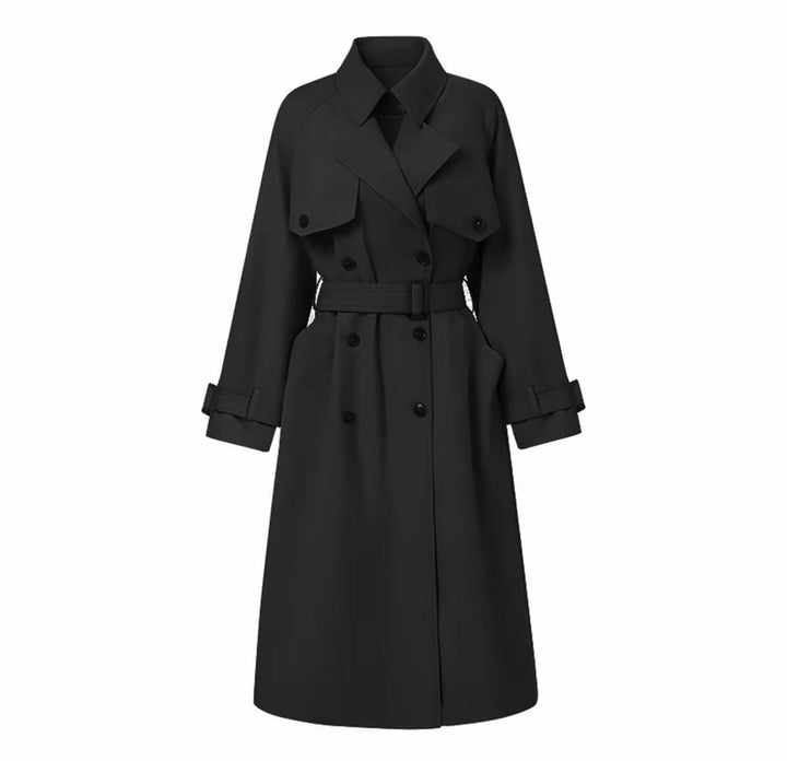 Damska elegancka midi trencz z oversize na ramiona klapką, gathered rękawami, i waist-defining wiązanym paskiem Lumaza