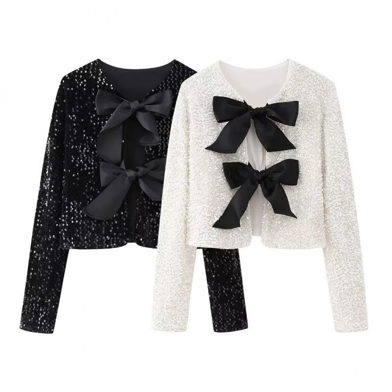 Damska Sequin Bolero kurtka z Decorative satynowa Bows Lumaza
