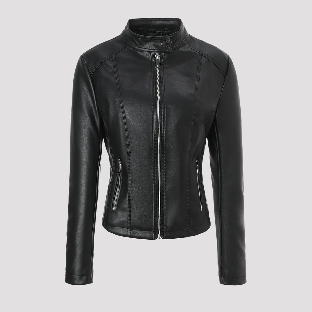 Damska taliowana Leather kurtka z ze stójką, Vertical Decorative Seams i z kieszeniami na zamek Lumaza