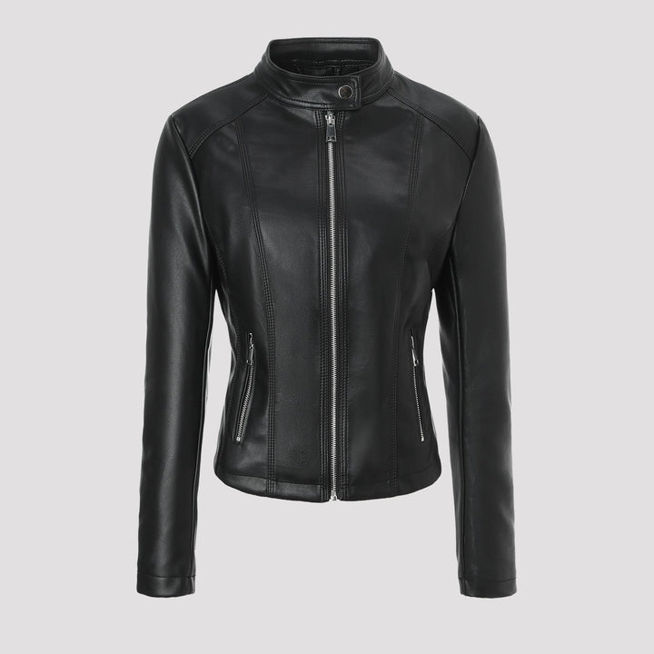 Damska taliowana Leather kurtka z ze stójką, Vertical Decorative Seams i z kieszeniami na zamek Lumaza
