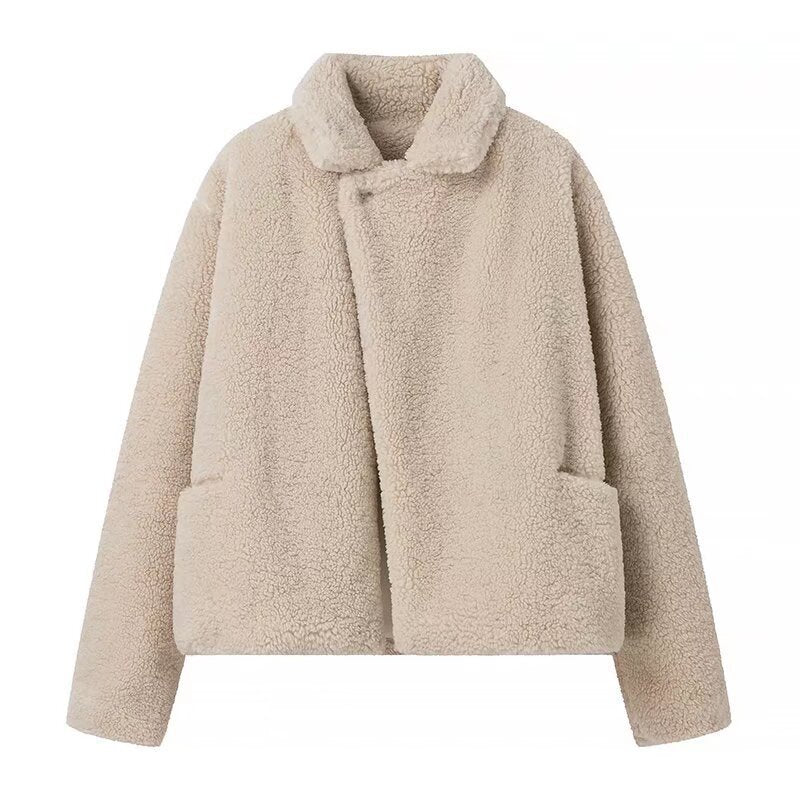 Damska krótka krótka Teddy boxy kurtka z Shawl kołnierzem i Practical Insert kieszeniami Lumaza