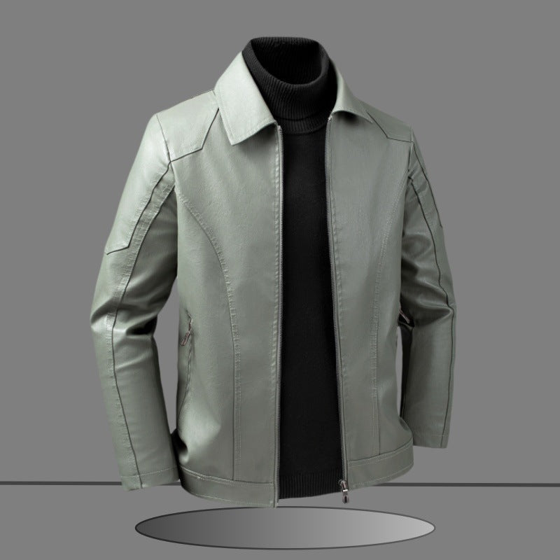 Męski dopasowany krój Imitacja skóry Kurtka w Minimalist Koszula Kołnierz Design z Ukryty Two-Way Zamek