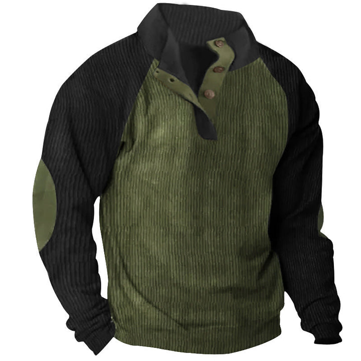 Męska Strukturalny Raglanowy Henley Pulower z Stójka, Elbow Patches &amp; Listwa guzikowa