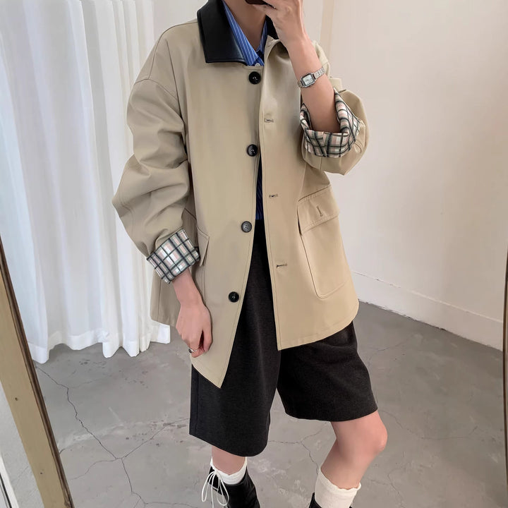 Damska krótka kurtka in Trench styl z Leather kołnierzem i Cuffable Checkered Cuffs Lumaza