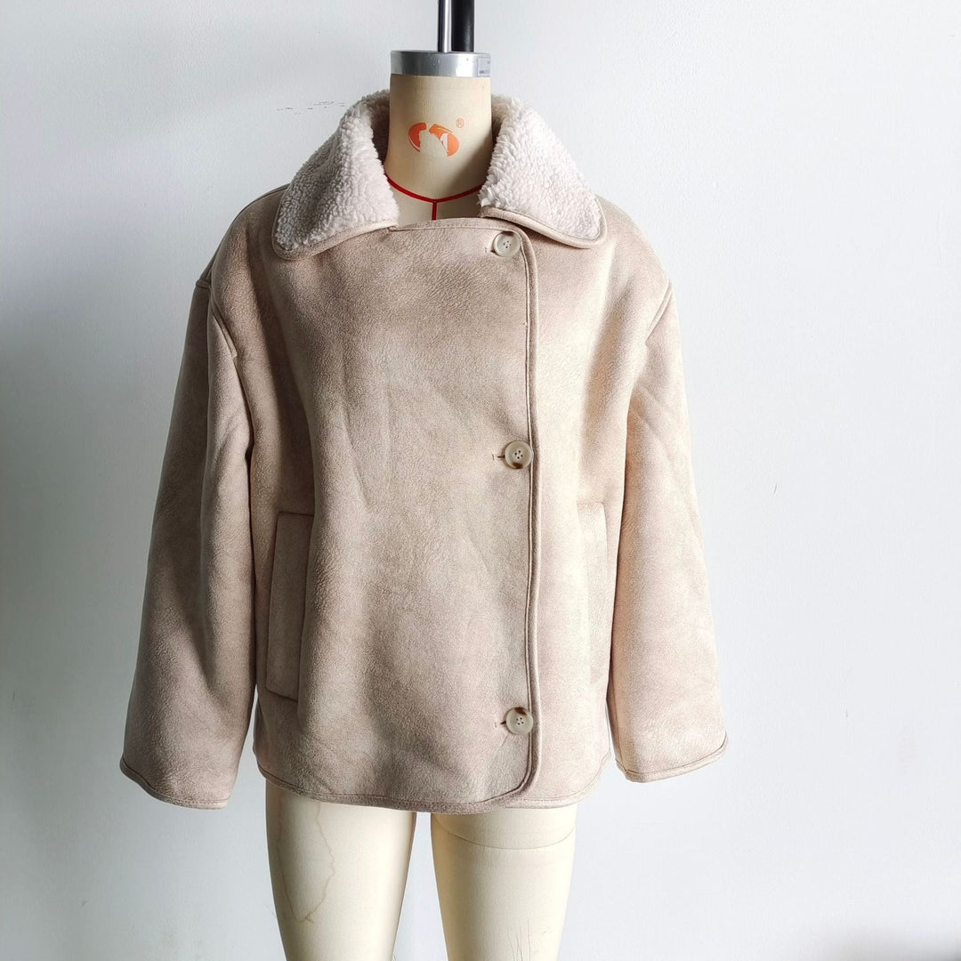 Damska boxy kurtka in Sheepskin Look z Teddy Lining i dużymi Lapel Lumaza