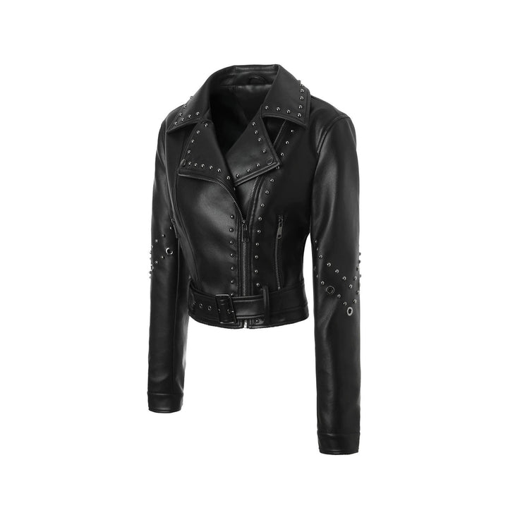 Damska krótka imitacja skóry Biker kurtka z Studded Accents i Wide Waist paskiem Lumaza
