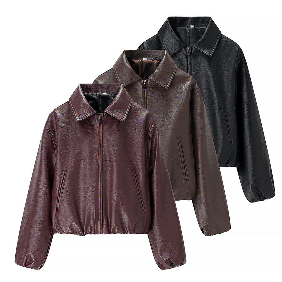 Damska krótka leather imitation blouson z zamkiem błyskawicznym i elastic dołem Lumaza