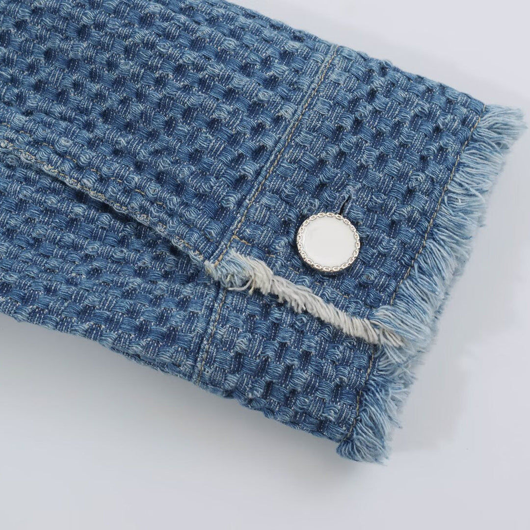 Damska Structured krótka kurtka made of bouclé denimowa z Fringe dołem Lumaza