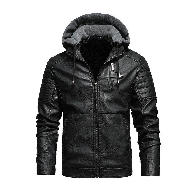 Męski Imitacja skóry Hoodie Blouson z Teddy Podszewka, Pikowany Rękaw Yoke i Kaptur Layer