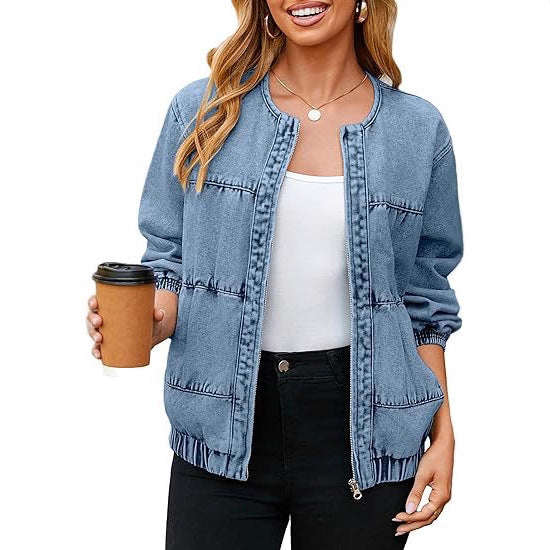 Damska bomber-styl denimowa kurtka z round neck, piping seams, i elastic dołem Lumaza