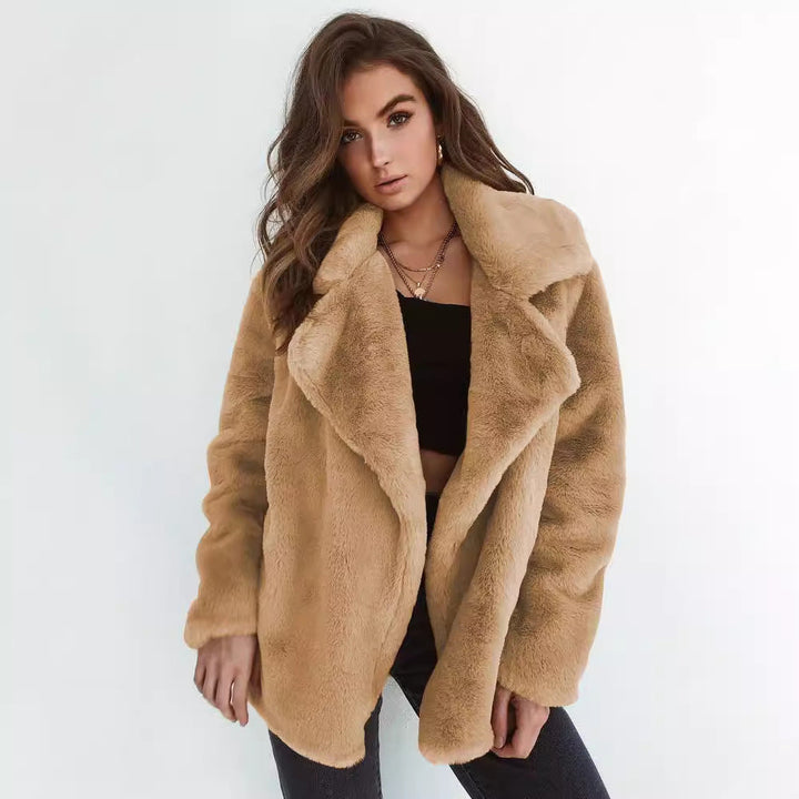 Damska Cozy oversize Faux Fur płaszcz z dużymi Lapel kołnierzem Lumaza