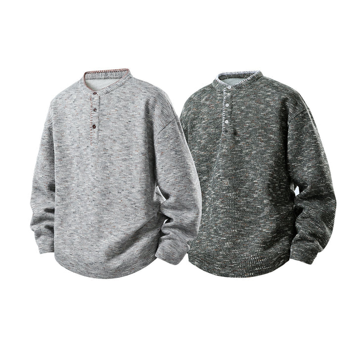 Męska Melange Dzianina Henley Sweter z Stójka, Luźny krój i Listwa guzikowa