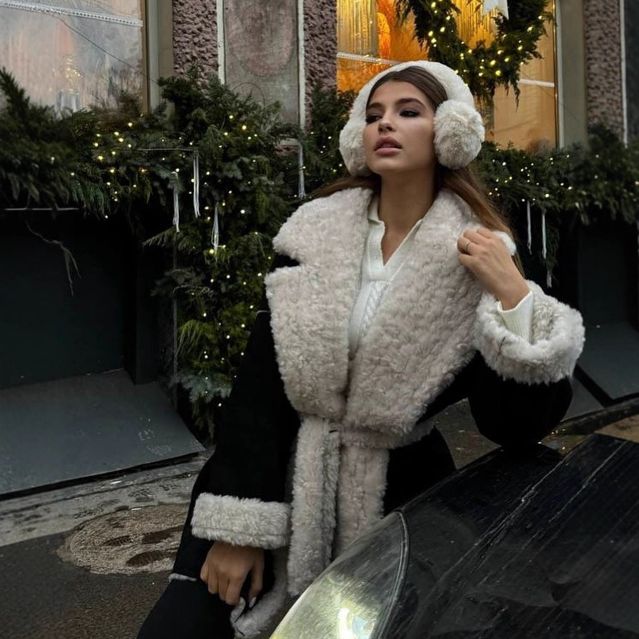 Damska krótka oversize Winter płaszcz z Teddy Lining i Waist paskiem Lumaza