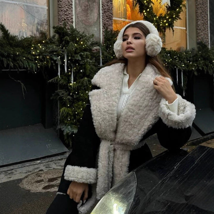 Damska krótka oversize Winter płaszcz z Teddy Lining i Waist paskiem Lumaza