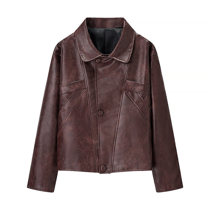 Damska krótka oversize Leather kurtka z Round kołnierzem i klapką kieszeniami Lumaza