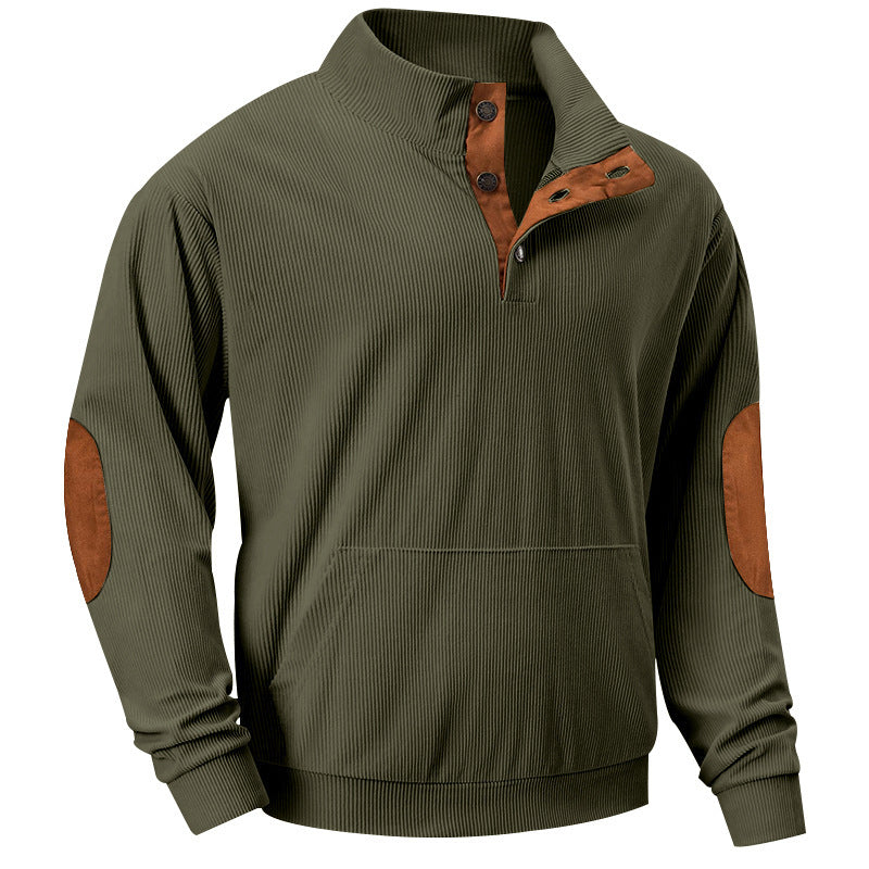 Męska Strukturalny Prążkowany Henley Bluza z Stójka, Kieszeń kangurka &amp; Aksamit Elbow Patches
