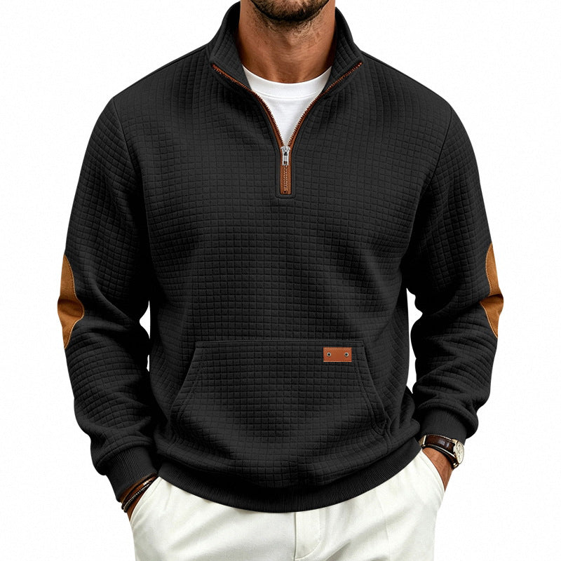 Męska Textured Krótki zamek Bluza z Waffle Structure, Kieszeń kangurka i Skóra Elbow Patches
