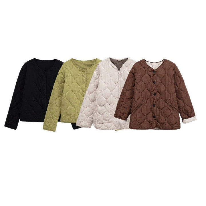 Damska kurtka pikowana z okrągły quilting, Listwa guzikowa i V-neck