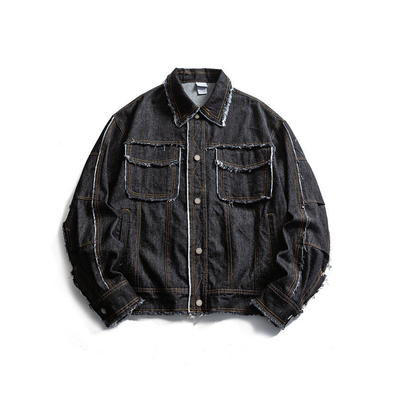 Męska oversize jeansy kurtka z Frayed Edges i Large kieszeniami z patkami