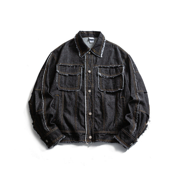 Męska oversize jeansy kurtka z Frayed Edges i Large kieszeniami z patkami