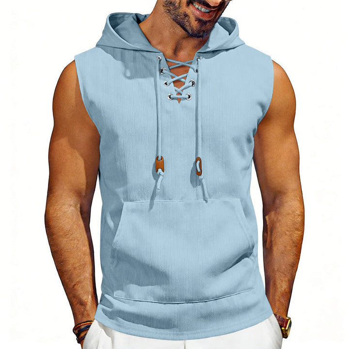 Męska sleeveless z kapturem kamizelka z lace-up V-neck, kieszeń kangurka, i Codzienny Krój