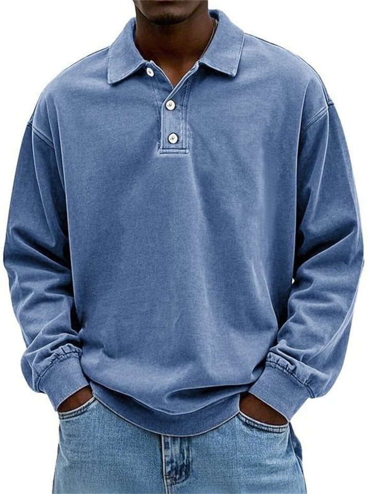 Męska Oversize Denim Wygląd Polo Bluza z Krótka Listwa guzikowa i Elastyczne mankiety EB