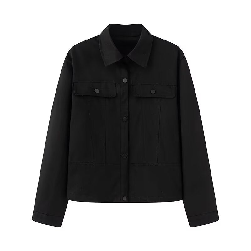 Damskie Krótka Krój Boxy Overshirt Kurtka w Vegan Skóra Wygląd z Kieszenie z klapkami i Nap Zapięcie
