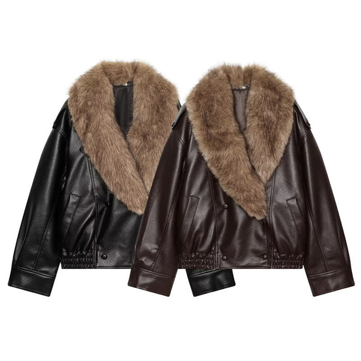 Damska krótka leather kurtka z full fur kołnierzem i elastic dołem Lumaza